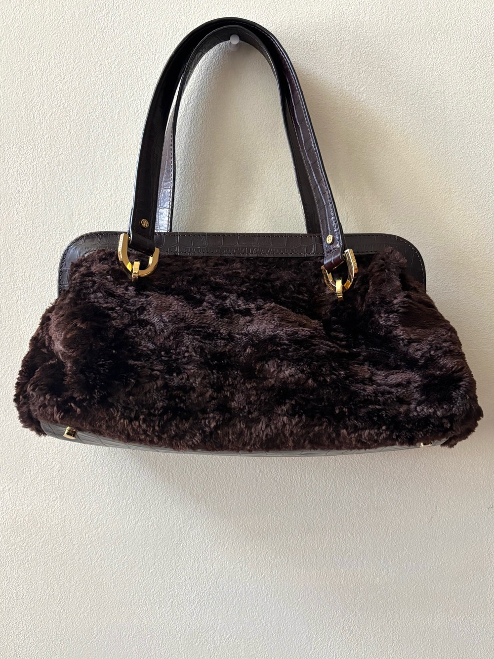 Kate Spade petite satchel bag with faux fur and gold hardware